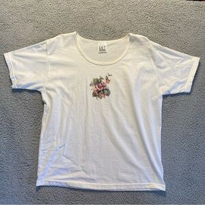 VTG LAT Sportswear White T-Shirt Floral Embroidery Glitter Women’s Size Large